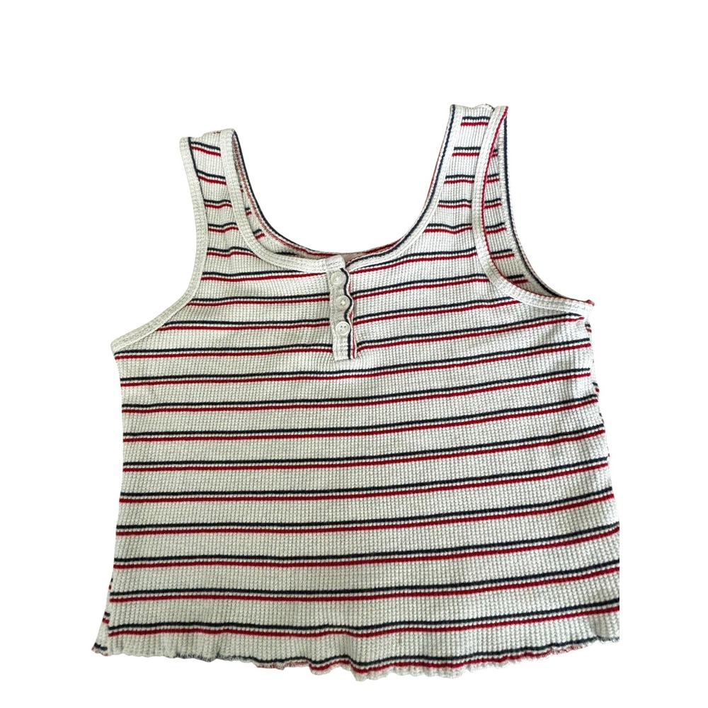 So Good for Life  Striped Waffle Knit Henley Tank Top Red Navy White Cropped Med